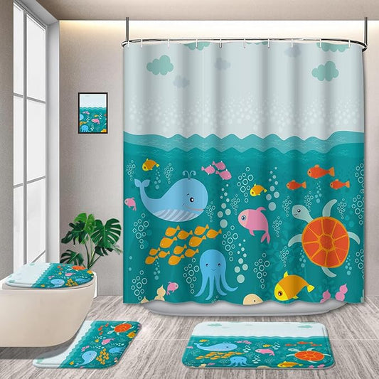 4 Pcs Lovely Cartoon Sea Creatures Fabric Shower Curtain for Kids with Non-Slip Rugs, Whale Turtle and Fish Bathroom Decor Curtain for Girls and Boys Fabric Polyester Waterproof 72 * 72in