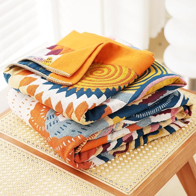 MEJU Geometry Colourful Sunshine Bright Sun & Star, Fire & Light Modern Muslin All Season Blanket for Bed Sofa Couch,100% Cotton 4 Layer Reversible Throw Blanket Bed Coverlet F/Q 80 in x 90 in