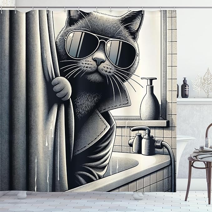 Ambesonne Cat Shower Curtain, Funny Kitty in Trench Coat Cool Detective Animal in a Bath Tub Monochrome Art, Cloth Fabric Bathroom Decor Set with Hooks, 69" W x 84" L, Dark Grey Pale Sepia