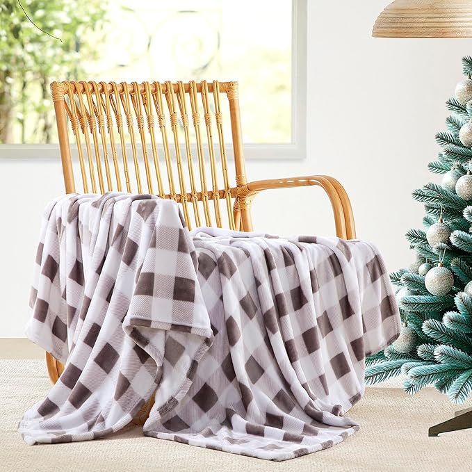 Elegant Comfort Velvet Touch Ultra Plush Christmas Holiday Buffalo Plaid Fleece Throw/Blanket-50 x 60inch, Buffalo Gray