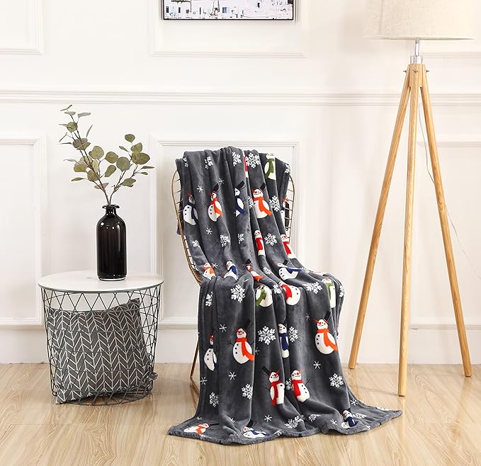 Elegant Comfort Velvet Touch Ultra Plush Christmas Holiday Printed Fleece Throw/Blanket-50 x 60inch, (Snowman Flake)