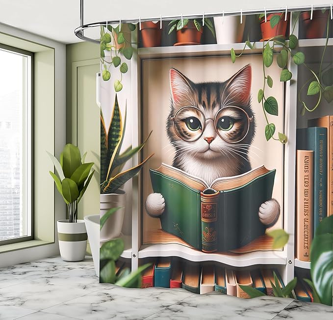 Ambesonne Cat Shower Curtain, Bookworm Kitty Reading Between Shelves Weeping Plants Botanical Cozy Concept, Cloth Fabric Bathroom Decor Set with Hooks, 69" W x 70" L, Green Paprika Beige