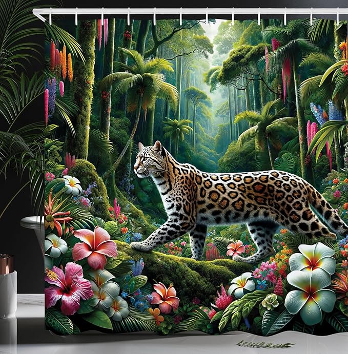 Ambesonne Cat Shower Curtain, Wild Leopard in a Colorful Floral Jungle Rainforest Palm Tees Exotic Concept, Cloth Fabric Bathroom Decor Set with Hooks, 69" W x 70" L, Green and Multicolor