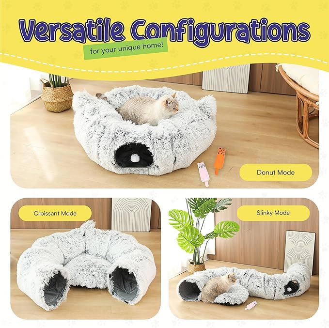 Cat Tunnel Bed with 2 Catnip Toys – Versatile Cat Tunnels for Indoor Cats, Large Cat Donut Tunnel, Cozy Cat Furniture, Peekaboo Cat Cave, Foldable Cat Tube, Cat Play Tunnel for Small Pets