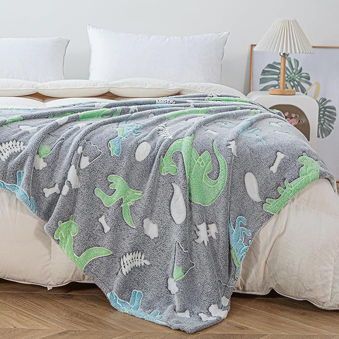 Dinosaur Blanket for Boys, Glow in The Dark Blanket for Kids, Dinosaur Gifts for Boys/Kids, Birthday, Valentines Day, Christmas, 50 x 60 Inch