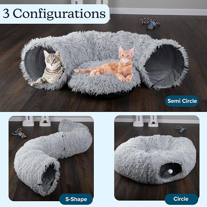 Cat Tunnel with Cat Bed for Indoor Cats - 3FT Multifunctional Cat Tunnel Bed with Cat Toys - Soft, Plush Peekaboo Cat Cave for Kittens, Cats, Ferrets, and Rabbits - Cat Products by PETMAKER (Gray)