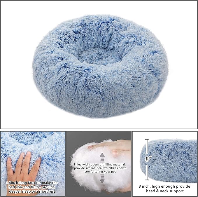 TumiMallody Donut Pet Bed, Plush Round Cuddler Cat & Dog Cushion Bed, Marshmellow Fluffy Faux Fur, Calming Comfy Furry (24 , Light Blue)