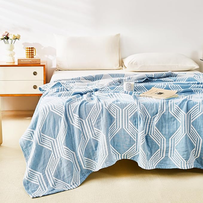 MEJU Modern Blue Stripe Geometric Checks All Season Blanket for Bed Sofa Couch 100% Cotton 3 Layer Soft Warm Bedspread Throw Blanket Bed Coverlet Sheet Full Queen 80 in x 90 in