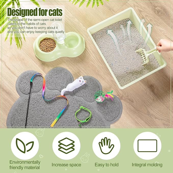 7 Pcs Small Cat Kitten Starter Kit Cat Litter Box with Shovel Cat Paw Litter Mat Double Automatic Cat Bowls Cat Toy Teaser Stick Cat Collar Essentials Kits for 1-3 Lbs Beginner (Green,Simple)