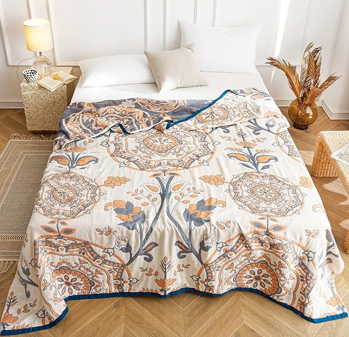 MEJU Round Flower Branch Boho Mandala Muslin All Season Throw Blanket for Bed Sofa Couch, 100% Combed Cotton 4 Layer Soft Warm Farmhouse Retro Throw Blanket Bed Coverlet Twin 60 in x 80 in