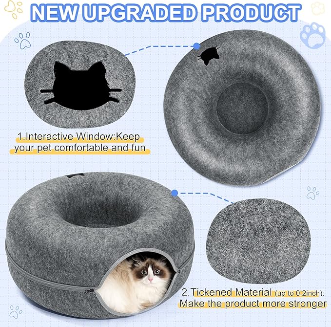 Cat Tunnel Bed, FULUWT Cat Tunnel with Ventilated Window for Indoor Cats, Cat Cave for Hideaway, Anti-Collapse Felt Donut Tunnel for Small Pets. (20 Inch, Dark Grey)