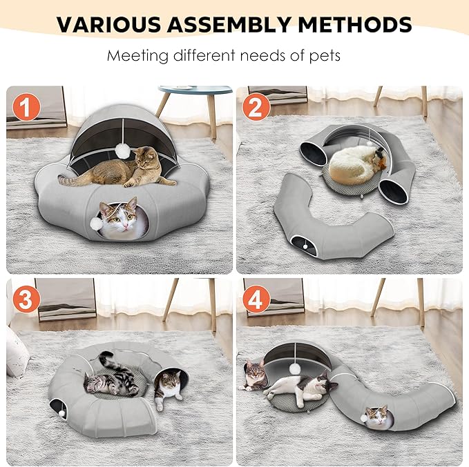 Large Cat Tunnel Bed, Cat Tent with Ball Toy, Cat Tunnel with Washable Central Mat, Detachable Straight Tunnel, Multifunctional Cat Toys for Indoor Cats (Cat Tunnel with Cool mat)