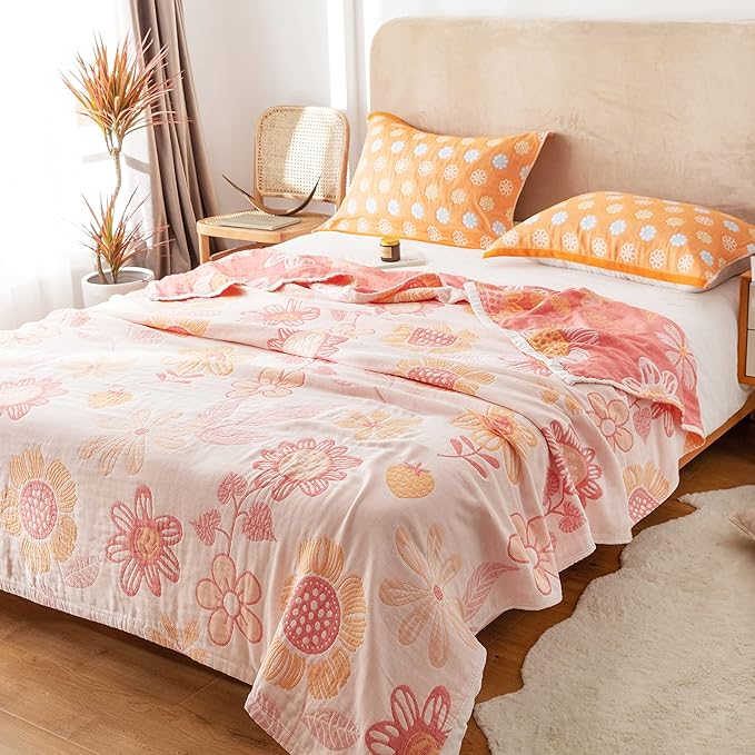 MEJU Floral Pink Cute All Season Muslin Blanket Throw for Bed Sofa Couch,100% Combed Cotton 4 Layer Soft Warm Quilt Throw Blanket Bed Coverlet Flower Twin 60" X 80"