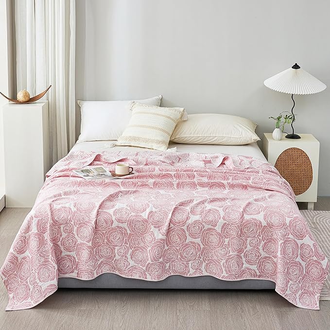 MEJU Modern Big Flower Rose Pink Muslin All Season Blanket for Bed Sofa Couch 100% Combed Cotton 3 Layer Soft Warm Bedspread Throw Blanket Bed Coverlet Sheet F/Q 80 in x 90 in