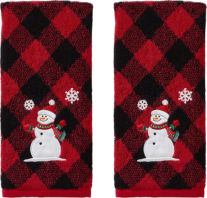 SKL Home Christmas/Winter Snowman Hand Towel 2pc Set for Bath/Kitchen/Bar & Gift, Red/Black