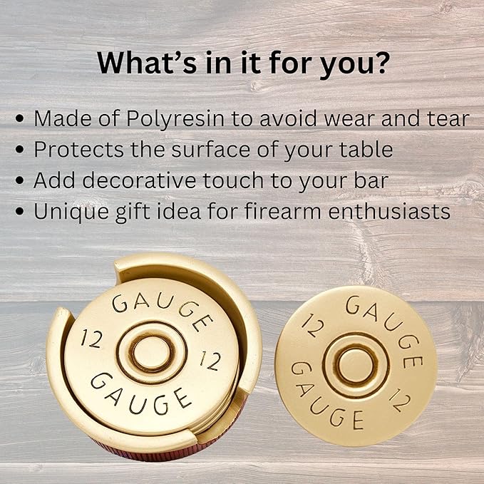 BestGiftEver Shotgun Shell Coaster Set of 4 - Country Coasters for Coffee Bar, Kitchen, and Bar Decoration - Unique Bullet Decor with Red Gold Cast Resin, Great Gift for Hunting Enthusiasts