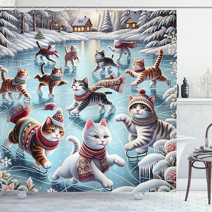 Ambesonne Cat Shower Curtain, Cozy Winter Woodland Scene with Cottages and Ice Skating Kitties Snow Fun, Cloth Fabric Bathroom Decor Set with Hooks, 69" W x 75" L, Soft Blue Burnt Orange