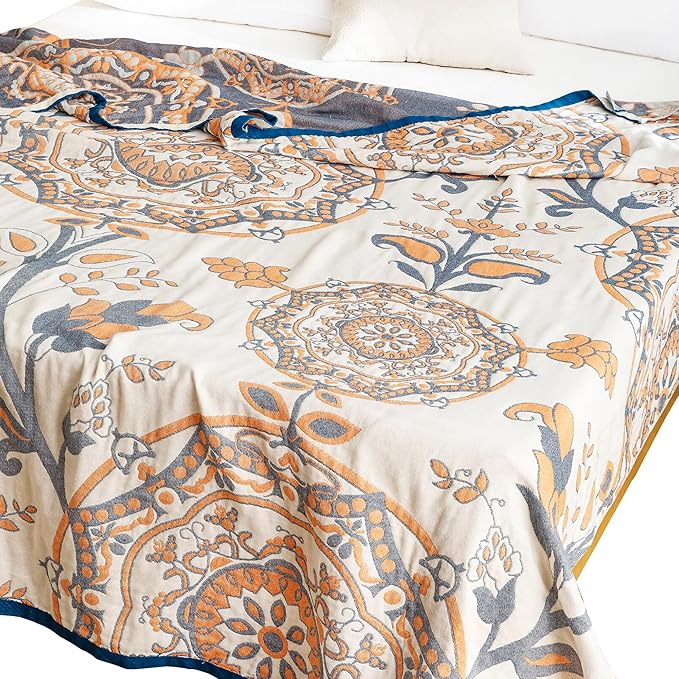 MEJU Round Flower Branch Boho Mandala Muslin All Season Throw Blanket for Bed Sofa Couch, 100% Combed Cotton 4 Layer Soft Warm Farmhouse Retro Throw Blanket Bed Coverlet Twin 60 in x 80 in