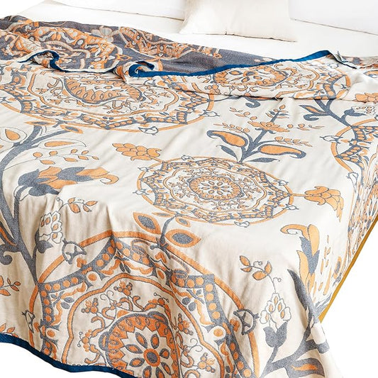 MEJU Round Flower Branch Boho Mandala Muslin All Season Throw Blanket for Bed Sofa Couch, 100% Combed Cotton 4 Layer Soft Warm Farmhouse Retro Throw Blanket Bed Coverlet Twin 60 in x 80 in