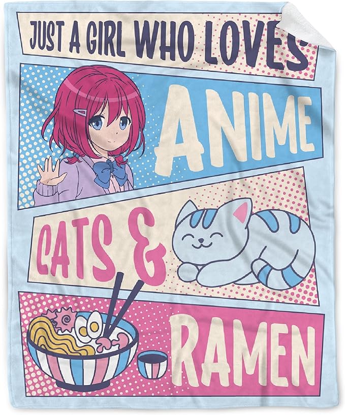 Just A Girl Kawaii Anime Cats and Ramen Flannel Blanket - Anime Lover Stuff, Luxurious Warm and Cozy XL 90x120 Inch Family Blanket