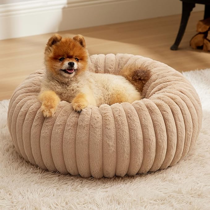 Bedsure Donut Small Dog Bed - Dog Beds for Small Dogs with Corduroy Fleece & Anti Slip Bottom, Round Faux Fur Pet Beds with Washable Removable Cover, Sandy Tan, 23x23x8 inches