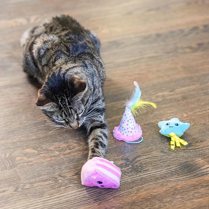 Catstages Happy Purrthday Birthday Themed Plush Catnip Blend Cat Toys, 3Pk, Multicolored