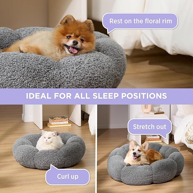 Lesure Calming Small Dog Bed - Flower Donut Round Fluffy Puppy Bed in Plush Teddy Sherpa, Non-Slip Cute Flower Cat Beds for Indoor Cats, Small Pet Bed Fits up to 25 lbs, Machine Washable, Grey 23"