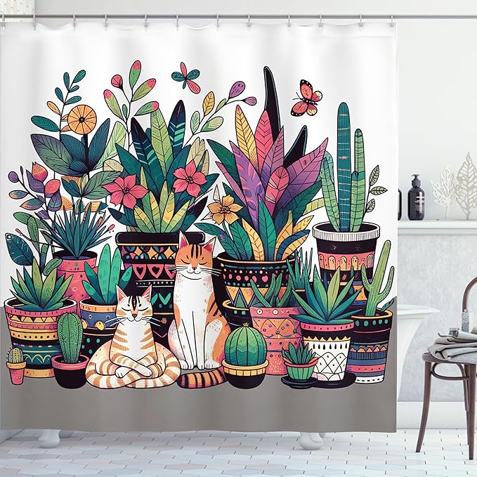 Ambesonne Cat Shower Curtain, Modern Illustration Flower Cactus and Plant Blooms Kitties Cozy Calm Drawing, Cloth Fabric Bathroom Decor Set with Hooks, 69" W x 75" L, Teal Pink and Purple