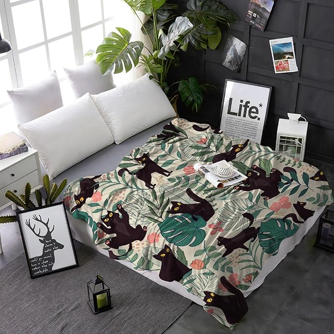 Floral Cat Throw Blanket Super Soft Cozy Black Cat Blanket for Kid Adult Women Men Best Hallowen for Cat Mom Cat Lovers Cute Pet Cats Blanket for Couch Bed Sofa Dorm Home Decor(60"X50")