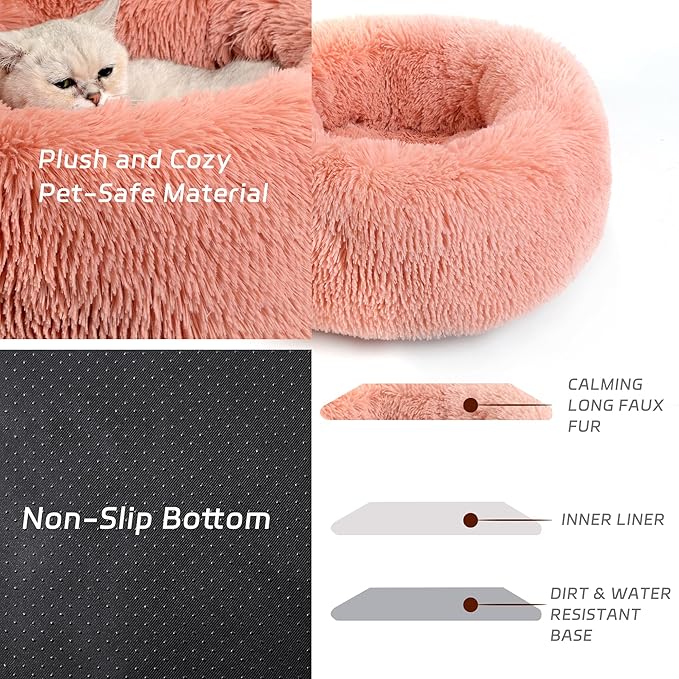 CHCFURPT Calming Dog Bed for Cats and Small Dogs, Donut Washable Small Cat Bed for Indoor Cats and Dogs, Anti-Slip Round Fluffy Plush Faux Fur Pet Bed for Small Cats and Dogs (Pink, 19.7')