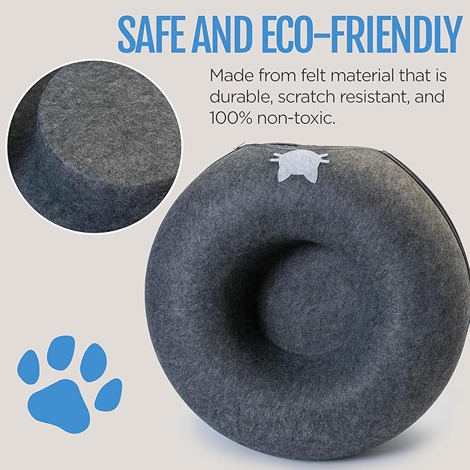 Meow Mansion Cat Cave Donut Bed - Cat Tunnel Bed for Large Cats up to 30lbs - 3 Toy Balls & Hanging Ball Included - Scratch Resistant, Detachable and Cleanable Cat Donut Bed