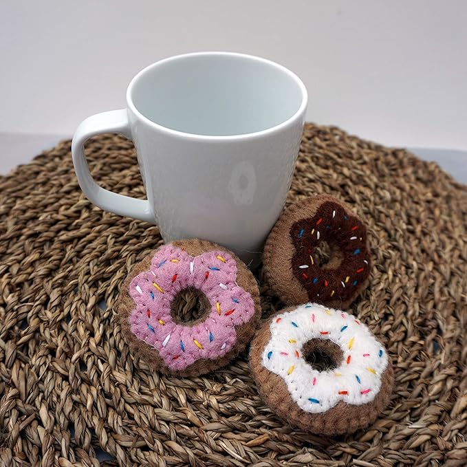 Set of 3 Mini Donut Toys for Cats and Kittens 100% Wool Felt Handmade in Nepal