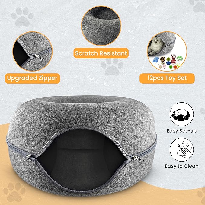 Cat Tunnel Bed – Large Cat Donut Tunnel with 12-Pcs Cat Toy Set – Soft Felt Cat Caves for Indoor Cats with Upgraded Zipper – Scratch-Resistant Cat Cave Bed – Comfortable Peekaboo Cat Cave