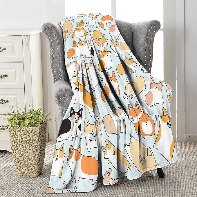 COLLA Cute Dog Pattern Throw Blanket, Soft Plush Fleece Flannel Blanket for Couch, Gift for Corgi Lovers Room Decor 50x40 Inch