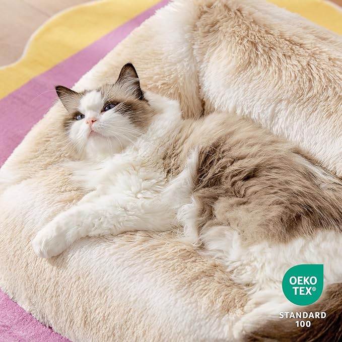 Lesure Cute Cat Couch Bed - Furry Indoor Cat Sofa Large, Washable Calming Small Dog Beds for Puppy with Fashion Design, 26x21x9inches, Beige Stripe