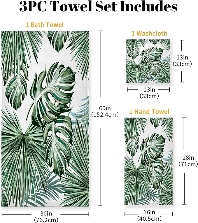 Deliciosa Palms Tropical Plants 3 Piece Towel Bathroom Sets, 1 Bath Towel, 1 Washcloth, 1 Hand Towel, Cotton Fast Dry Soft Absorbent Towel Set for Home Kitchen Family