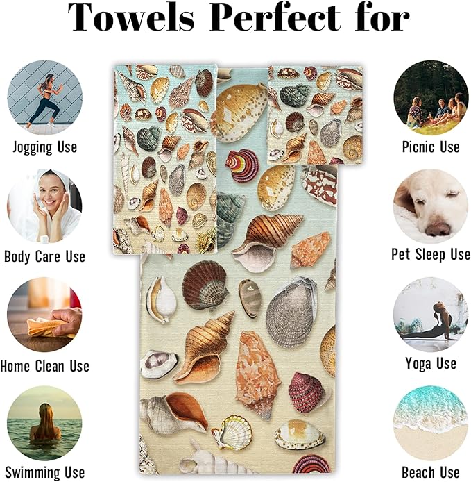 Vintage Seashells 3 Piece Towel Bathroom Sets, 1 Bath Towel, 1 Washcloth, 1 Hand Towel, Cotton Fast Dry Soft Absorbent Towel Set for Home Kitchen Family
