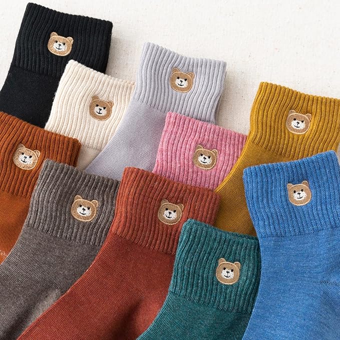 5 Pairs Women's Cute Bear Ankle Socks With Animal Embroidery - Gifts for Women