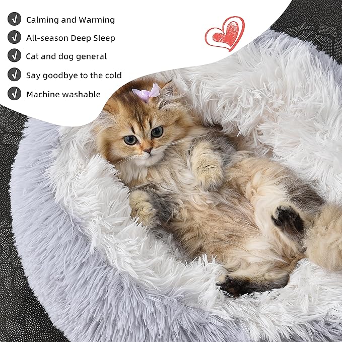 Something Different Calming Cat Beds for Indoor Cats,Anti Anxiety Round Fluffy Cat Bed,Soft Plush Pet Cushions,Dount Pet Bed with Slip-Resistant and Waterproof Bottom,Machine Washable,20”,Grey