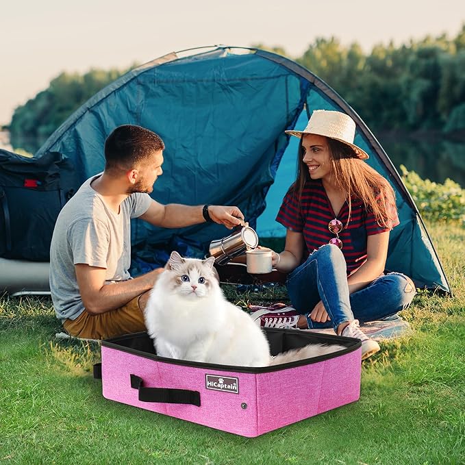 HiCaptain Portable Cat Litter Box for Travel, Collapsible Litter Box for Cats in Car,Traveling Litter Box Fit for Medium Cats and Kitties, Leak-Proof, Sturdy, Lightweight-Pink