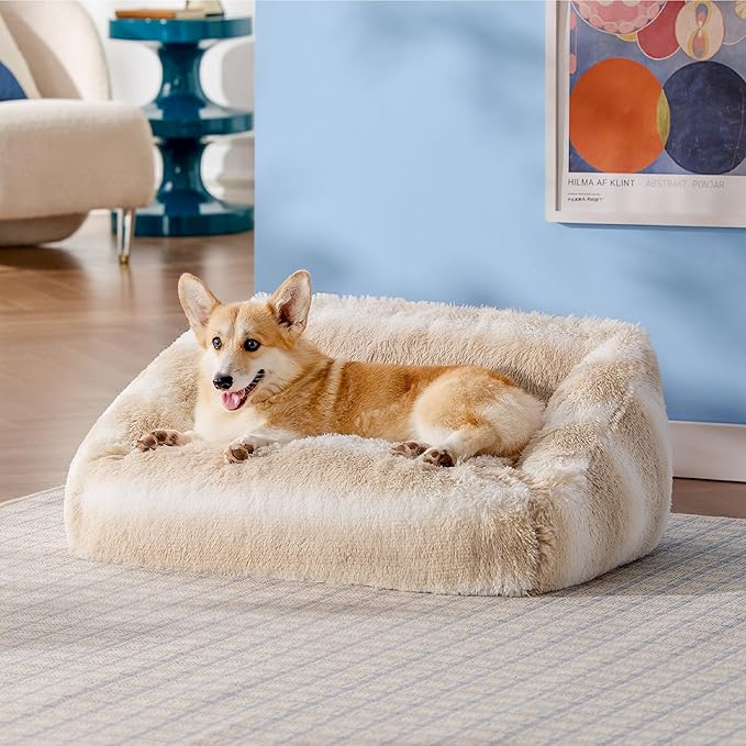 Lesure Dog Bed Medium Size - Cute Furry Calming Puppy Beds, Rectangle Washable Indoor Pet Beds with Removable Zipper Cover, 35x25x11inches, Beige Stripe