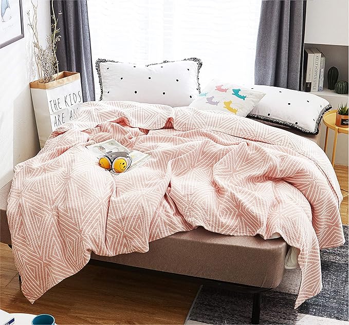 MEJU Red Striped Checks Muslin Reversible Summer Blanket for Bed Sofa Couch 100% Combed Cotton 3 Layer Soft Warm Quick Dry Throw Blanket Bedspread Bed Coverlet Sheet Full Queen 80 in x 90 in