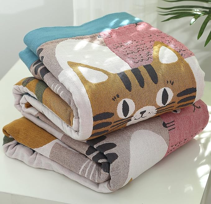 MEJU Cat Kitty Kids Girls Cute Blanket Throw for Bed Sofa Couch,100% Combed Cotton 4 Layer Soft Warm Quilt Throw Blanket Cartoon Bed Coverlet Full Queen 80" X 90"