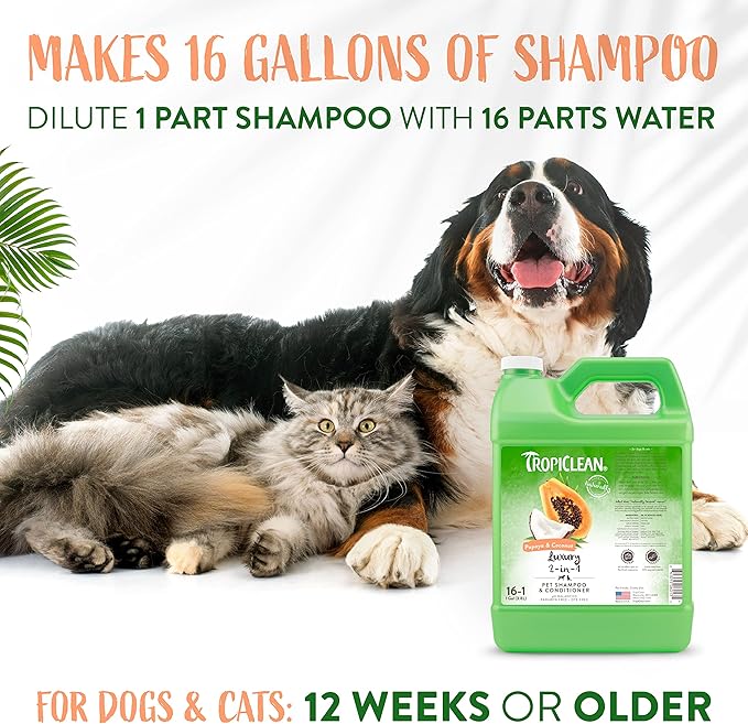 TropiClean 2-in-1 Cat & Dog Shampoo and Conditioner, Puppy & Kitten Safe, Moisturizing Detangler, Made in the USA, Papaya Scent, 1 gallon