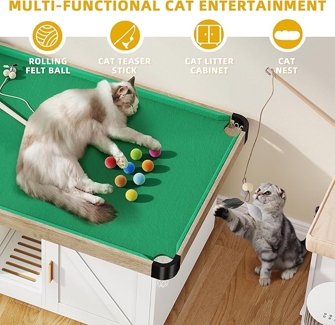 DWVO 4 in 1 Cat Toys Mini Pool Table for Cats, Litter Box Enclosure for 2 Cats, Cat Pool Table Tower with Feather Wand Interactive Exercise Play Rest Beds & Litter Box Furniture, White, Large