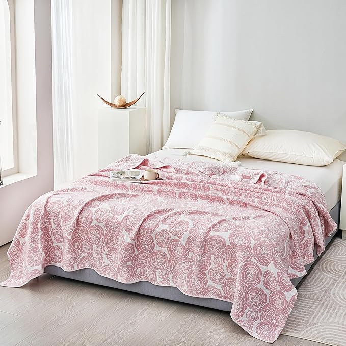 MEJU Modern Big Flower Rose Pink Muslin All Season Blanket for Bed Sofa Couch 100% Combed Cotton 3 Layer Soft Warm Bedspread Throw Blanket Bed Coverlet Sheet F/Q 80 in x 90 in