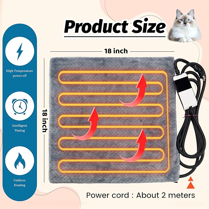 PatiencET Heated Cat Bed, 18'' x 18'' Temperature Adjustable Cat Dog Heating Pad with Timer Indoor, Pet Heating Pad for Cats Dogs, Cat Warming Pad Bed with Metals Chew Resistant Cord