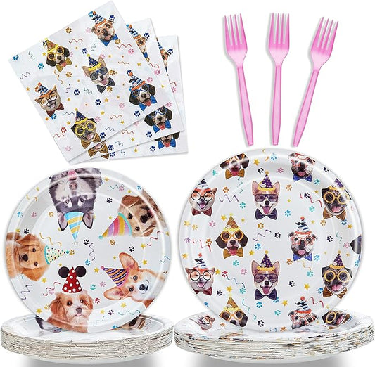 96 Pcs Dog Birthday Party Plates Napkins Forks Supplies Tableware Set Disposable Paper Dog Theme Decoration for Kids Birthday Party, Serves 24 Guests