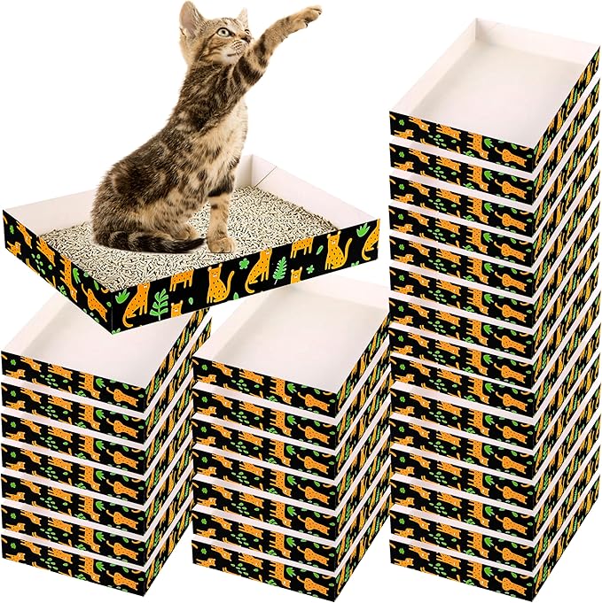 30 Pack Disposable Cat Litter Box, Foldable Paper Litter Box, Travel Cat Litter Box,Non Clumping Durable and Waterproof,Low Entry Easy Disposal,Portable(13.6x9.7x1.9 in)