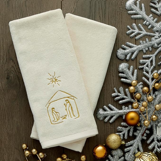 SKL Home Religious/Christmas Nativity Hand Towel 2pc Set for Bath/Kitchen & Gift, Natural